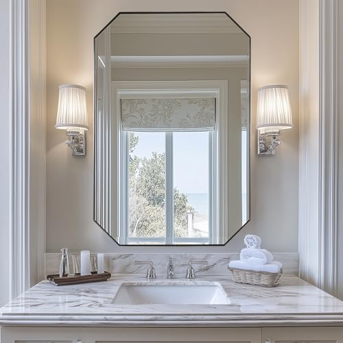 Image of ANDY STAR Brushed Nickel Octagon Bathroom Mirror, 24x36 Inch Stainless Steel Metal Frame, Anti-Rust, Shatterproof HD Glass, Wall Mounted for Bathroom, Bedroom, Living Room