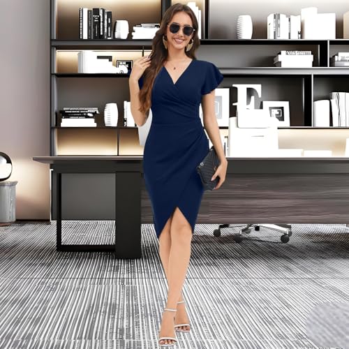 Image of shengfan Women's Sexy Deep V Neck Short Sleeve Ruched Waist Bodycon Wrap Cocktail Midi Dress
