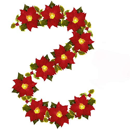 Coxeer Artificial Poinsettia Garland, LED Christmas Poinsettia Garland Artificial Christmas Flowers for Christmas Party Decorations