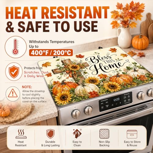 Image of Stove Top Cover for Electric Stove 28 inchx 20 inch, Fall Pumpkins Sunflowers Rustic Harvest Glass Top Stove Cover Protector, Glass Cooktop Covers, Kitchen Flat Electric Stove Top Covers