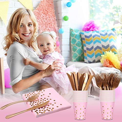 24 Guests Pink and Gold Party Supplies Pink Party Plates Tableware Napkins Cups Reusable Cutlery Banner for Baby Shower Girl 1st 13th 18th Birthday Party Engagement Bridal Shower Pink Paper Plates