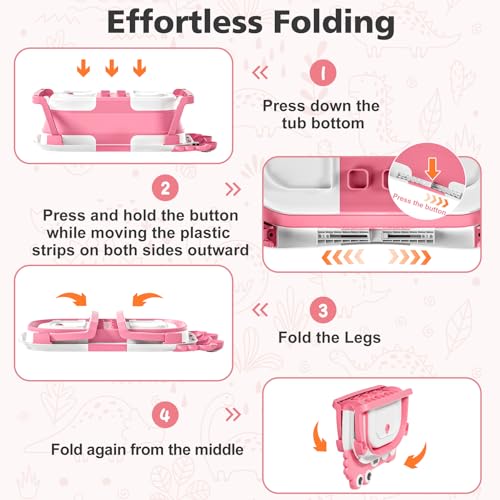 Image of Collapsible Baby Bathtub for Newborns with Thermometer and Soft Floating Cushion Portable and Foldable Travel Baby Girl Bath Tub for Infants to Toddler 0-36 Month (Pink)