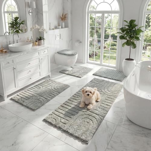 Homcomoda Bathroom Rugs Sets 5 Piece Soft Absorbent Microfiber Bath Mats and U-Shaped Contour Toilet Rug Non Slip Bath Rugs Machine Washable Shaggy Bath Room Floor Mats Grey