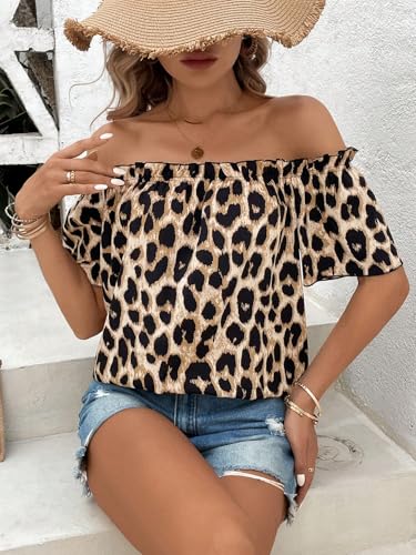 SweatyRocks Women's Off Shoulder Leopard Print Blouse Short Sleeve Ruched Summer Shirt Tops3