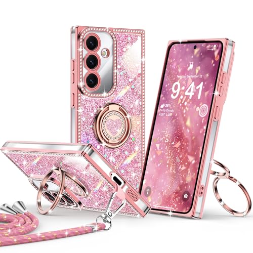 Coque paillettes Galaxy S24 avec cordon pour garder les mains libres