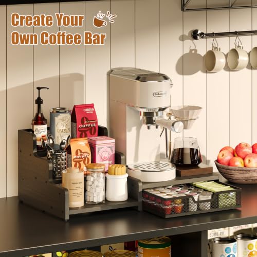 Image of Coffee Station Organizer with K Cup Holder, 28 Pod Capacity,3-Tier Syrup Rack with Coffee Pod Holder Drawer, Coffee Bar organizer Countertop for Accessories,Black