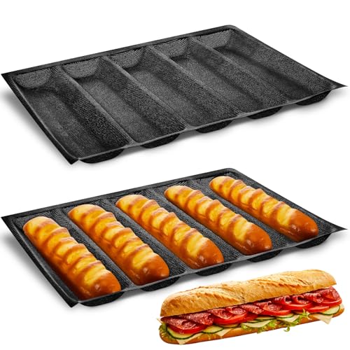 Maxcheck 2 Pcs Silicone Perforated Baking Forms Sandwich Mold French Baguette Bread Pan Mat 5 Loaf Non Stick Baking Liners for Home Kitchen