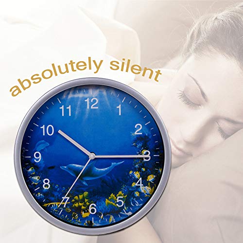 Keygift Wall Clock Silver, 8 Inches Silent Non-Ticking Quartz, Ocean Theme Wall Decor With Dolphins, Battery Operated Round Clock For Kids Room/Living Room/Office/Kitchen/Classroom, Easy To Read #TOP3