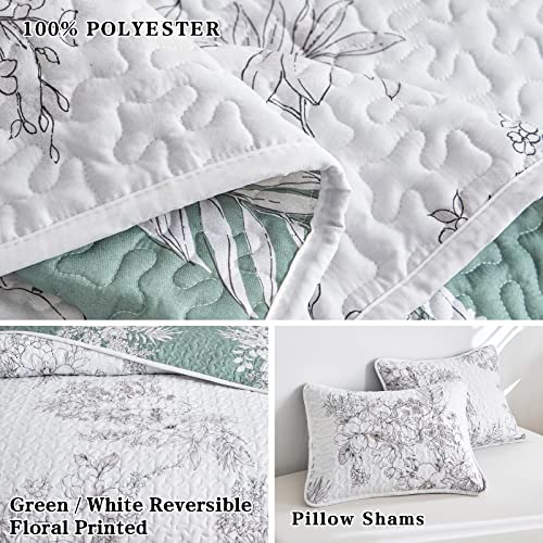 Flysheep Green Floral Quilt Set Twin Size, 2 Pieces Reversible White And Green Elegant Flowers Botanical Pattern Summer Bedding Set, Soft Lightweight Bedspread/Coverlet For All Season - 68"X86" #TOP3