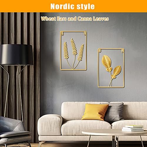 4Pcs Gold Leaves Wall Decor with Frame - 9'' Round Ginkgo/Maple, 12 x 8'' Square Wheat Ears/Canna Golden Metal Leaf Hanging Decoration, Iron Art Sculpture Ornaments for Bedroom Living Room Home