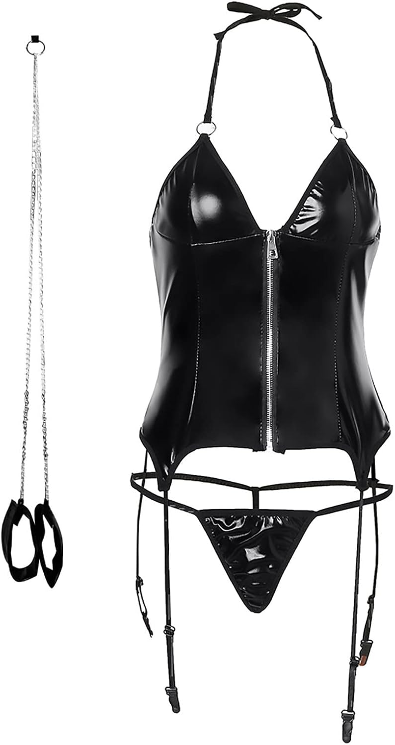 Stretch Chemise Latex Push Up Bra Bodysuit Women Zipper Open File Leather