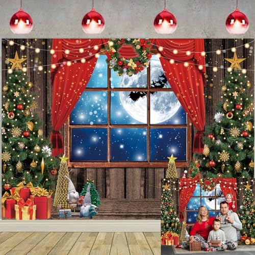 Toile de fond de nuit pour photographie de Noël - Cadeau rustique - Fenêtre en bois pleine lune - pour bébé et enfant - Décoration de fête de famille - Bannière - Accessoire photo (210 x 150 cm)