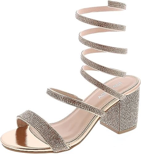 TOP Moda Women's Rhinestone Strappy Spiral Ankle Strap Low Chunky Block Heel Sandals