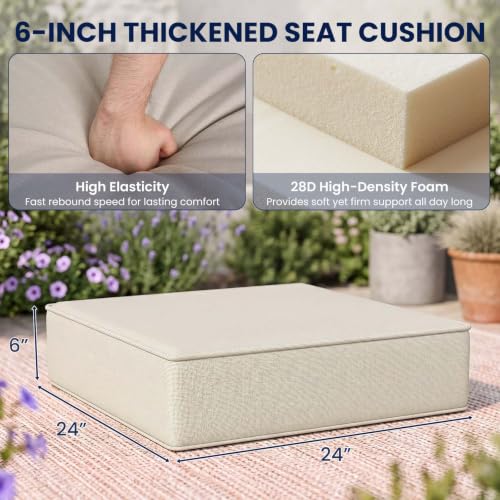 Image of DoCred Set of 4 Outdoor Chair Cushion, 6 inch Thick Patio Seat Cushion, Beige | 28D High Density Sponge Cushions & 7 inch Back Pillows with Fade and Water Resistant Cover for Patio Furniture Sofa Bench Swing