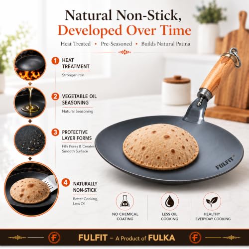 Image of Pure Iron Tawa for Roti /Chapati | Heavy Base Curved Loha Tawa with Rivet-Less Handle | Naturally Non-Stick & Chemical Free | Preseasoned with 100% Veg Oil | 1.5KG, 27CM / 10.6inch Concave