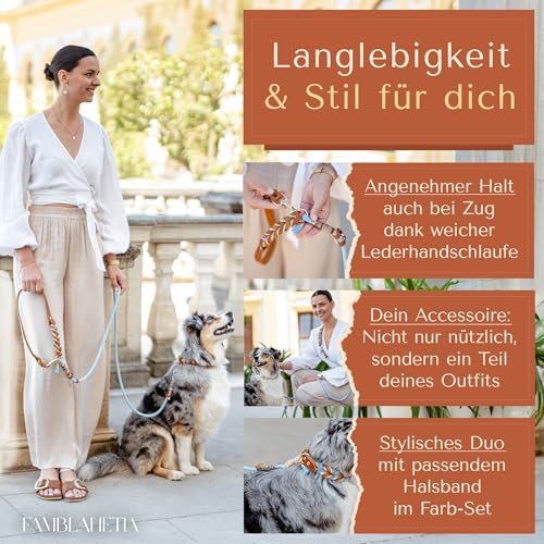FAMBLANETIA Hundeleine Leder (2,4m), Paracord | mittelgroße, große & kleine Hunde | Geflochtene Führleine zum Umhängen | 2 Karabiner verstellbar | Hochwertig Fettleder handgemacht braun blau Luxus Tau