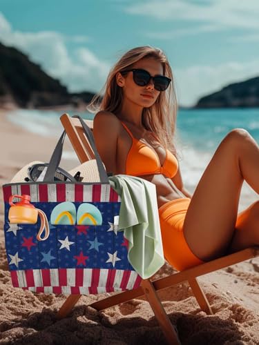 Mesh Beach Bag Oversized Tote Bags for Women Blue Stars Independence Day Red Stripe Vintage Wood Grain Large Travel Bags4