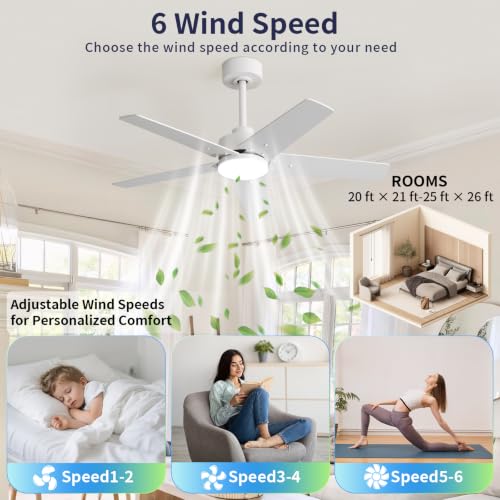 Image of 42 Inch Ceiling Fans with Lights and Remote for Bedroom Living Room Kitchen Home Office Indoor /Outdoor, 6CCT Dimmable, Dual Color 5 Blades, 6 Speed Reversible Quiet DC Motor, White /Wood Grain