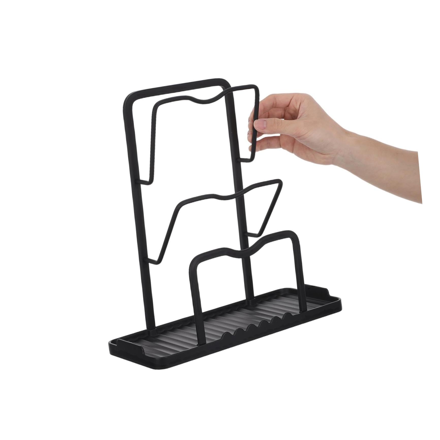 Organizador de Tapas de Ollas para Cocina Moderno de Aluminio Espacial Negro, Estable 3 Niveles, Adecuado para Encimera y Almacenamiento