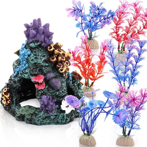 7 Pcs Aquarium Colorful Coral Reef Set Fish Tank Decoration Mountain Ornament for Aquarium Environments Decor Accessories Rock Cave Landscape with 6 Aquatic Plants