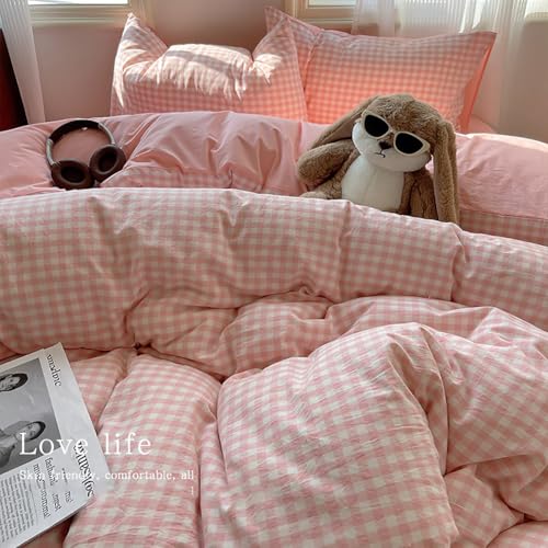 Image of Nayoroom Gingham Duvet Cover Queen Size Reversible Pink Plaid Checkered Duvet Cover 3 Pieces Soft Breathable Washed Microfiber Girls Dorm Bedding Set for All Seasons