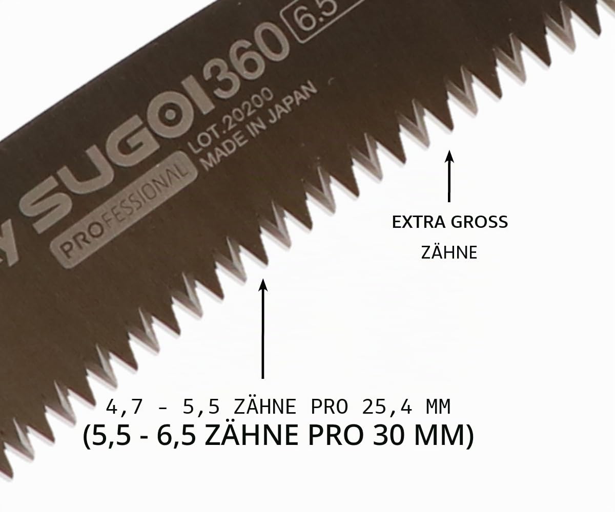 SILKY Baumsäge Sugoi 360 mm | gebogene Zugsäge 6,5 Zähne/30 mm Mirai-Me grob | nachschärfbar | Sichel am Blattende | ergonomischer Gummigriff mit Sicherungshaken | Profi Baumpflege