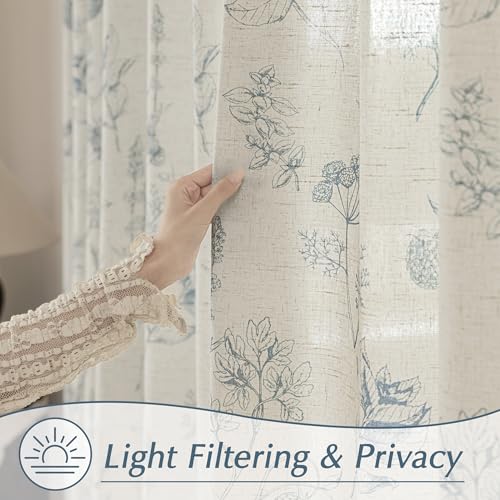 Image of FMFUNCTEX Linen Curtains Floral Patterned Curtains for Bedroom Living Room, Blue Curtain 96 Inches Long Farmhouse, Light Filtering Beige Window Curtain Grommet Top 2 Panels Set
