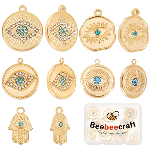 Beebeecraft 1 Box 10Pcs 5 Style Evil Eye Charms 18K Gold Plated Stainless Steel Irregular Flat Round Rhinestone Pendants Charms for Earring Necklace Jewelry Making