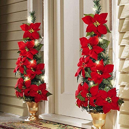 Image of 2 Pack 6.56ft Artificial Red Poinsettia Christmas Garland String with Red Berries Maple Leaves Pre-Lit Velvet Fairy Light for Holiday Door Decoration Wreath
