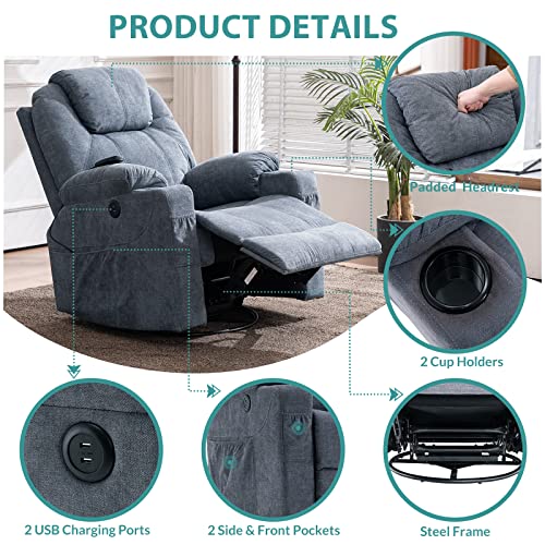 Meetwarm Swivel Rocker Massage Recliner Chair With Heat Ergonomic, Manual Glider Rocking Recliner Chair, 360° Swivel Lounge Reclining Chair With Cup Holder/Pockets/Remote Control/Usb Ports (Gray-Blue) #TOP4