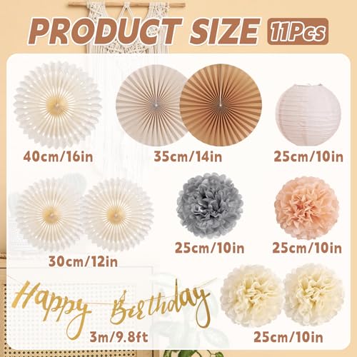 Image of EASY JOY Champagne Beige Paper Flowers Tissue Pom Poms Boho Birthday Decorations Paper Lanterns Party Decorations Happy Birthday Banner White Paper Fans for Boho Fall Rustic Neutral Baby Shower