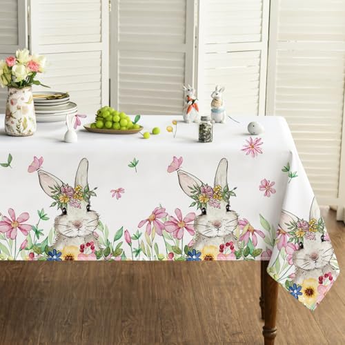Artoid Mode Blumen Kaninchen Hasen Frohe Ostern Tischdecke 140x220 cm, Saisonnal Frühling Fleckschutz Tischwäsche Küche Dekoration Party Dekor