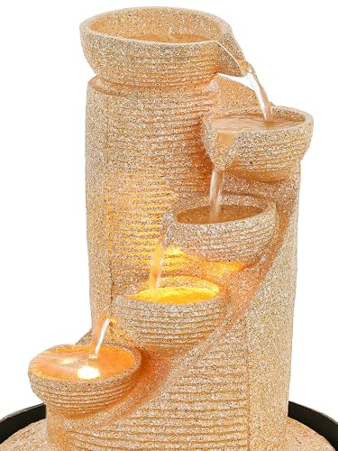 Image of CHRONIKLE Polyresin Sand Designer Table Top Indoor 5 Artistic Steps Waterfall Fountain with Yellow LED Lights & Water Flow Controller Pump (Size: 41 x 25 x 25 CM | Weight: 1980 gram | Color: Sand)