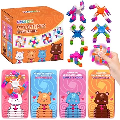 Valentines Cards for Kids Classroom - 28 Pack Wacky Tracks Fidget Spinner with Valentine's Day Cards for Kids, Stress Relief Fidget Toys for Kids and Valentine's Party Favors, Classroom Gift Exchange Cover