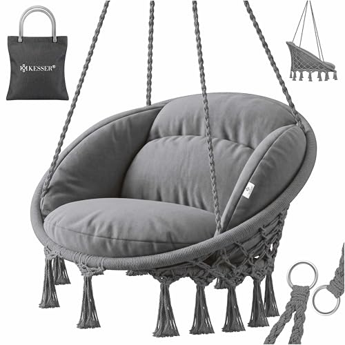 KESSER® Hängesessel mit Kissen - Chill Hängestuhl zum Aufhängen für Erwachsene & Kinder Hängematte bis 150 kg Hängesitz Aufhängung Indoor & Outdoor Wohn & Garten Terrasse, Grau