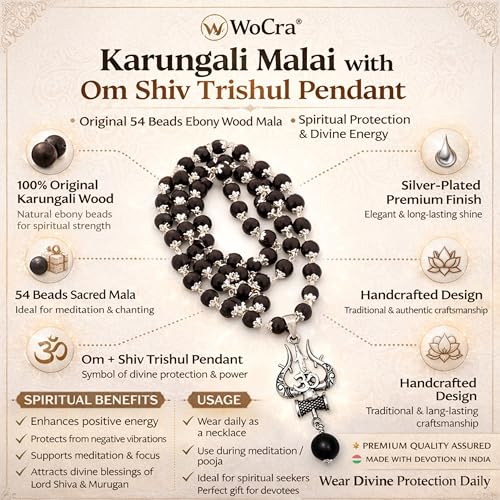Image of Karungali Malai 8mm Certified with Divine Om Shiv Trishul Pendant Silver Plated Original | 54 Beads Authentic Black Ebony Wood Mala with German Silver Cap for Men & Women | Spiritual Protection Necklace, Lord Shiva & Murugan Blessings - 1 Piece