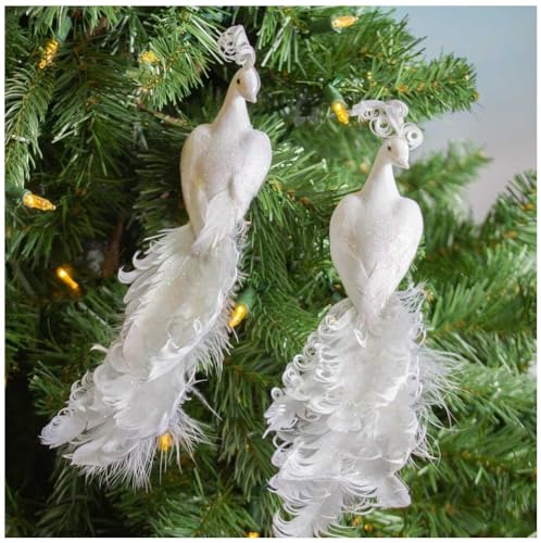 Factory Direct Craft Pack of 2 Sparkling Iridescent White Artificial Curly Tailed Peacock Birds - Peacocks for Wedding Decorations, Christmas Tree Ornaments and More (11" L)