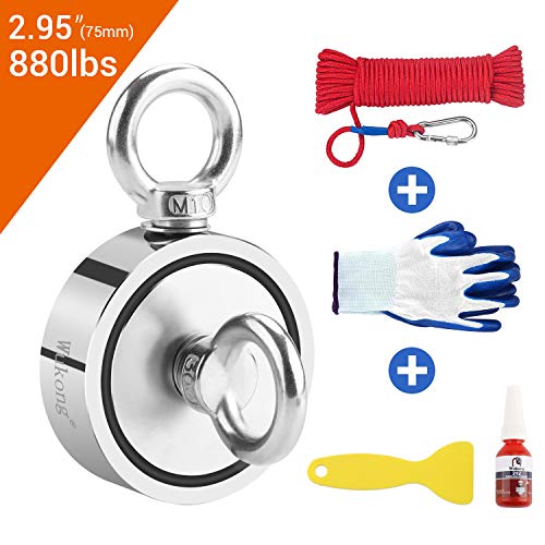 Wukong 400KG Haftkraft Neodym Magnet Doppelseitig mit 2 Ösen, Super Starker Bergemagnet zum Magnetfischen Ø75mm Suchmagnet, 20m Seil, einem Paar Handschuhen, Befestigungskleber, Neodym Topfmagnet