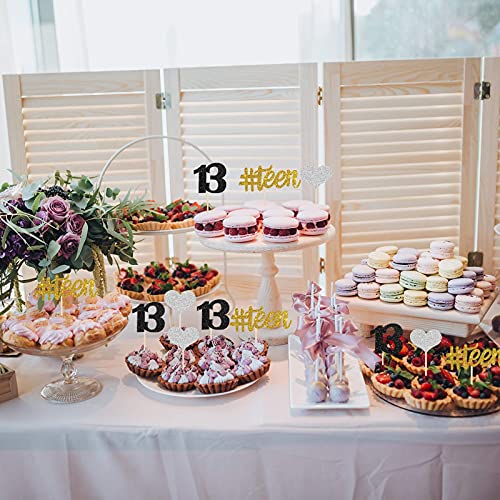Image of Festiko24 pcs Teen 13th Cupcake Toppers, 13th Birthday Anniversary Party, Thirteen Years Old Happy Birthday Cupcake Picks (Gold, Black, Silver)