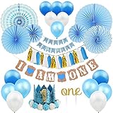 🎈REGALO PERFECTO PARA LA PRIMERA FIESTA DEL BEBÉ: El kit de decoración de cumpleaños incluye: un juego de 6pcs de Fan Fan de papel, una pancarta con forma de "HAPPY BIRTHDAY" y "I AM ONE", corona de diadema con corona de flores, juego de borlas de papel 15pcs, 18pcs de globos Látex , adorno de pastel, cuerdas de globos Punto de pegamento.
