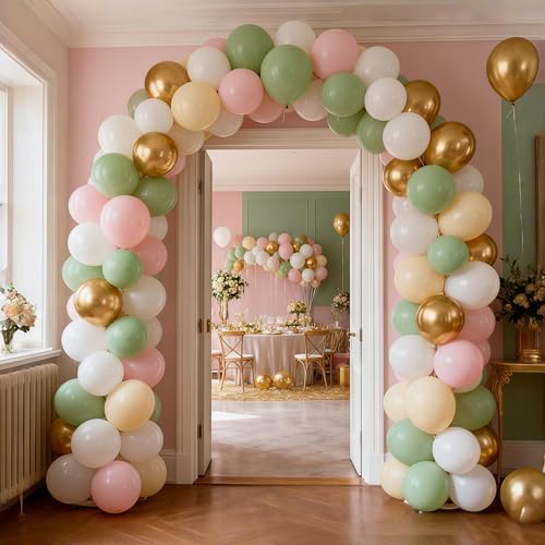 Image of Pink and Green Balloons Sage Green Dusty Light Pink Gold Balloons Olive Blush Beige Apricot Nude White Sand Metallic Gold Balloon for Girls Boho Bloom Bridal Baby Shower Birthday Party Decorations
