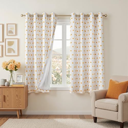 Image of MEETSKY 100% Blackout Curtains for Kids Bedroom, Yellow Pom Pom,50x63 in | Light Blocking Drapes,Curtains for Nursery /Girls Bedroom,Room Darkening,Thermal Insulated Grommet Drape,2 Panels Set