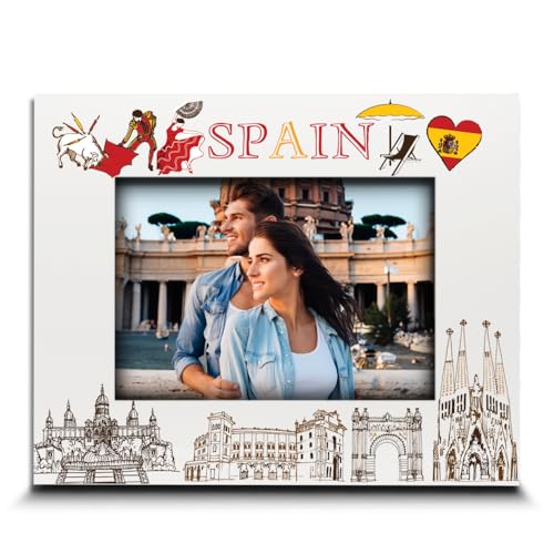 BELLA BUSTA - Marco de fotos de España - Boda, luna de miel, vacaciones, aventuras en España - Impresión UV Símbolos Temáticos España Diseño Set (5x7 HORIZONTAL)