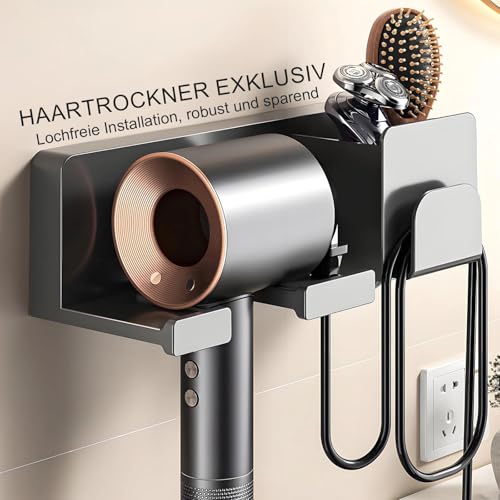 HAOXIZI Föhn Halterung, Haartrocknerhalter, Fönhalter Ohne Bohren, Haartrockner Halterung, mit Haken und Nagelfreie Kleber, für Meisten Haartrockner, Gewehr Grau
