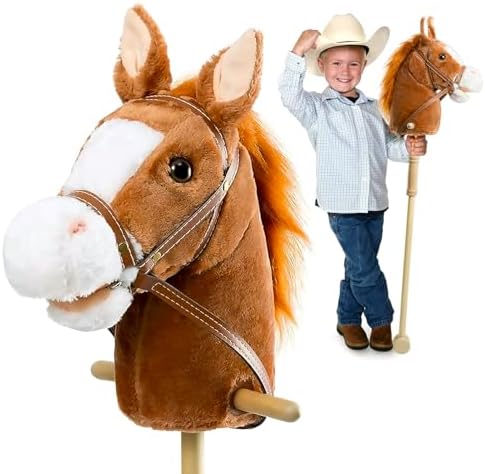 HollyHOME Outdoor Stick Horse with Wood Wheels Real Pony Neighing and Galloping Sounds Plush Toy Dark Brown 36 Inches(AA Batteries Required)