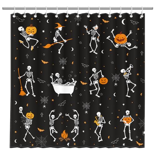 BOARDFEB 72 x 72 Inches Halloween Skull Shower Curtain for Bathroom Funny Black and White Gothic Skeleton Dance Water-Repellent Fabric Shower Curtains Fall Pumpkins Dancing Bath Decor with 13 Hooks