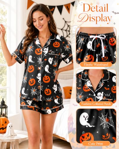 Image of Womens Silky Pajama Sets Short Sleeve Loungewear 2 Pcs Satin Soft Pj Sets Button Down Women's Summer Sleepwear