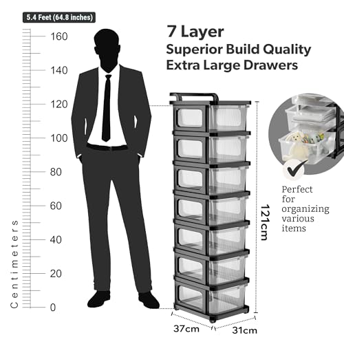 Image of Heart Home 7 Layer Heavy Duty Plastic Storage Drawer with Wheels | Modular Cabinet for Bedroom, Office, Home | Chest of Drawers Organiser for Cosmetics, Kitchen items, Toys | Transparent Black