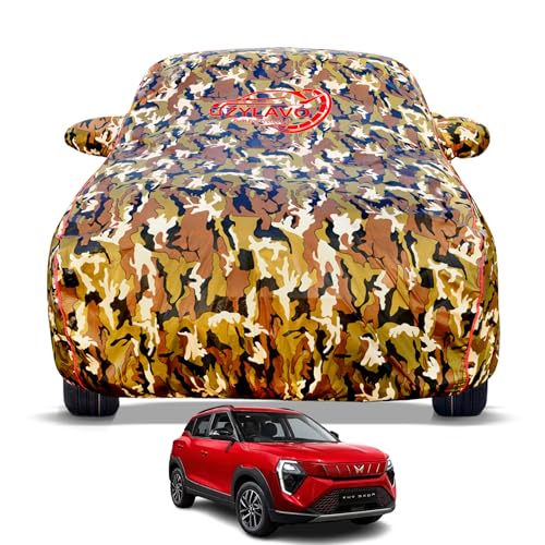 Image of Compatible with XUV 3XO EV Models 100% Waterproof Car Cover for All Weather Protection Mirror & Inner Cotton Triple Stitched Cover, Adjustable Belt Bottom Elastic (Jungle Print)