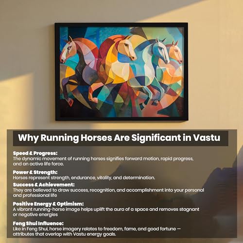 Image of Abstract 4 Running Horses Vastu Framed Wall Art Painting For Living Room| Horse Painting With Frame Symbol of Progress & Harmony Wall Art for Home & Office, 10x12 Inch